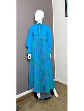 1960's Turquoise + Purple Paisley Chiffon Maxi Hostess Dress Palazzo Jumpsuit